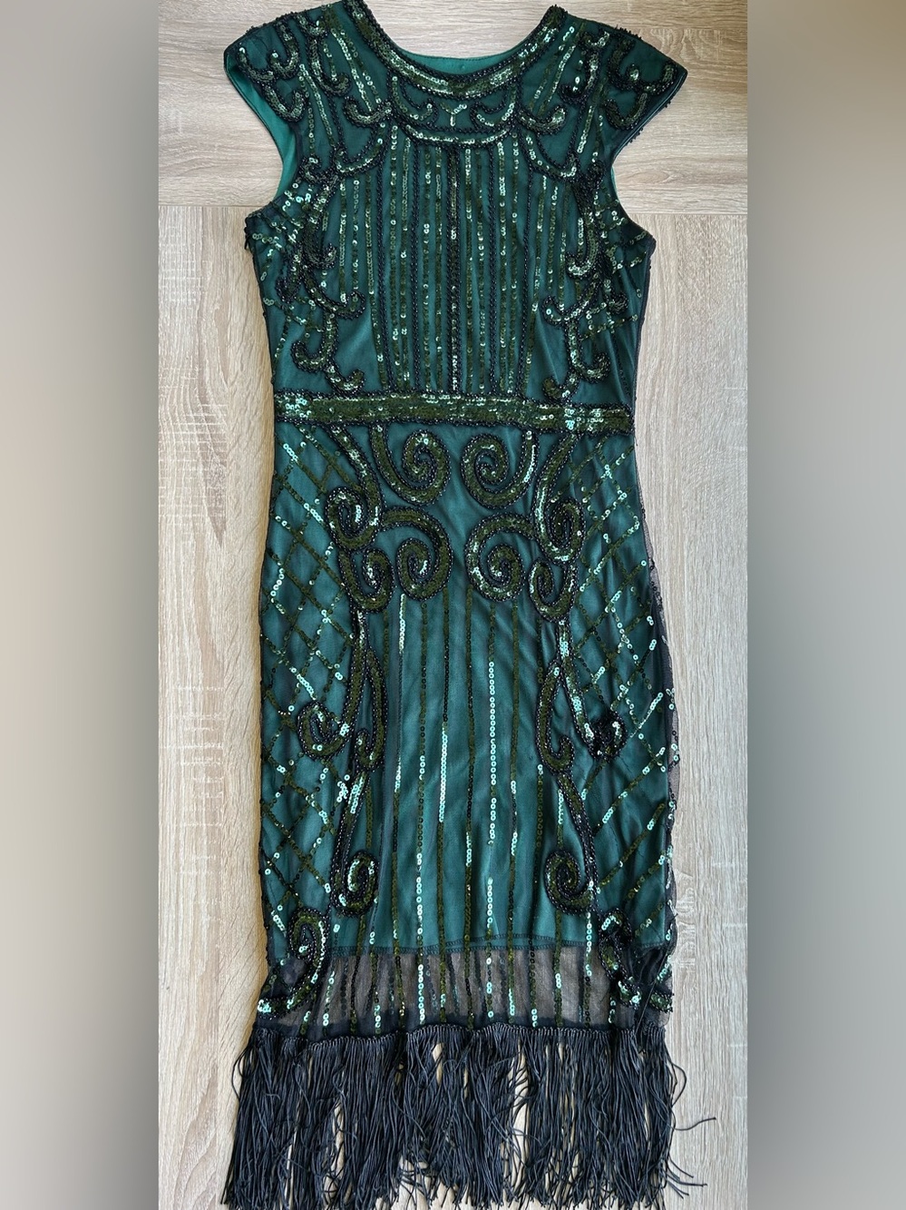 Green Beaded Sequins Fringe Cocktail Dress S Small Flapper Art Deco